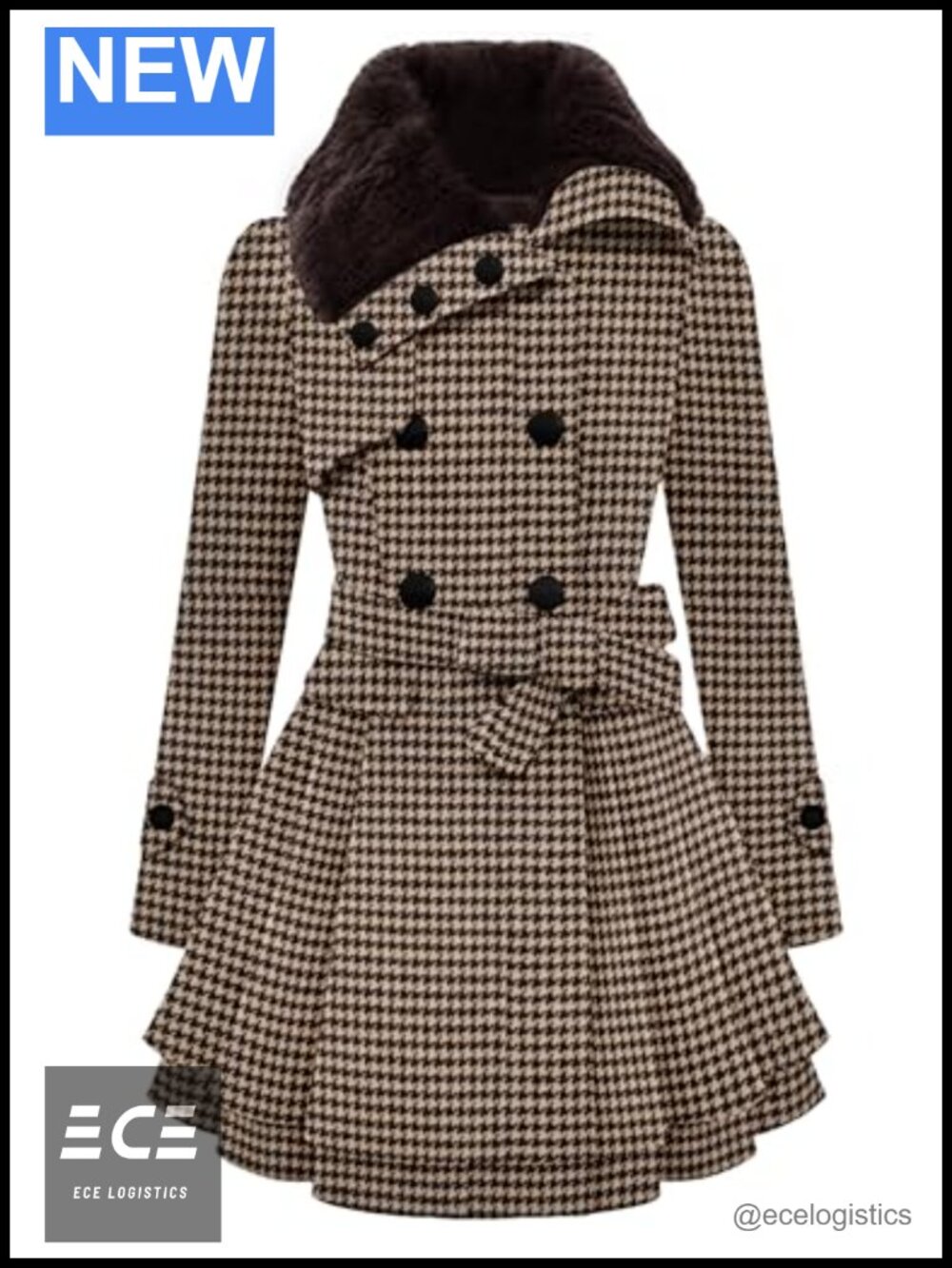 Faux Fur Collar Double Breasted Wool Blend Pea Coat Winter Warm Jacket